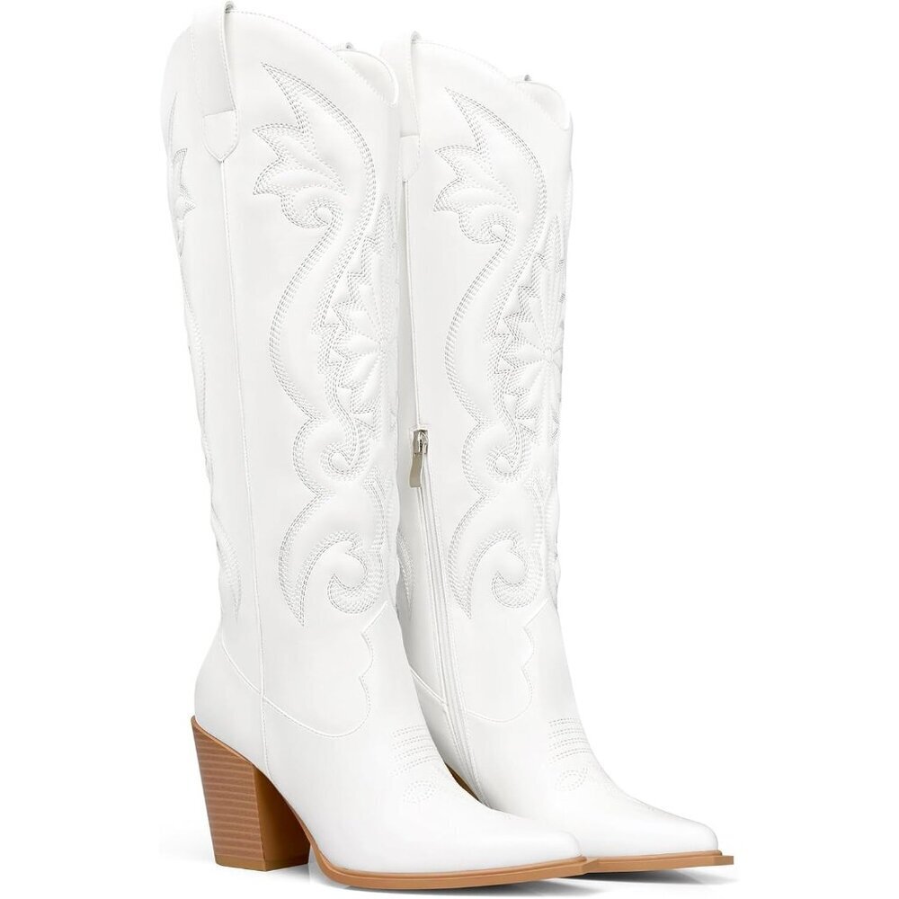 Women's White Pointed Toe Knee High Chunky Heels Embroidered Cowgirl Boot - Picture 5 of 5